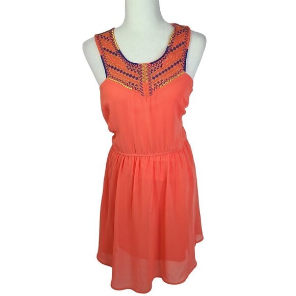 Almost Famous Corral Orange Embroidered Sleeveless Mini Chiffon Dress - Picture 1 of 7